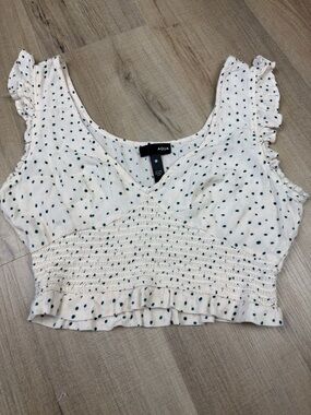Aqua Cream Smocked Bodice Crop Top w/ Teal Polka Dots and Ruffled Straps. Small